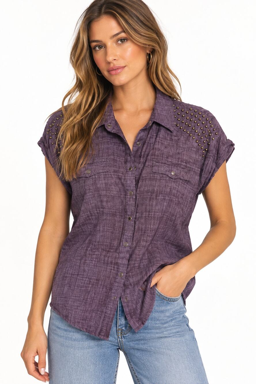 a.n.a. Purple Studded Shoulder Button Front Blouse EUC Size Medium